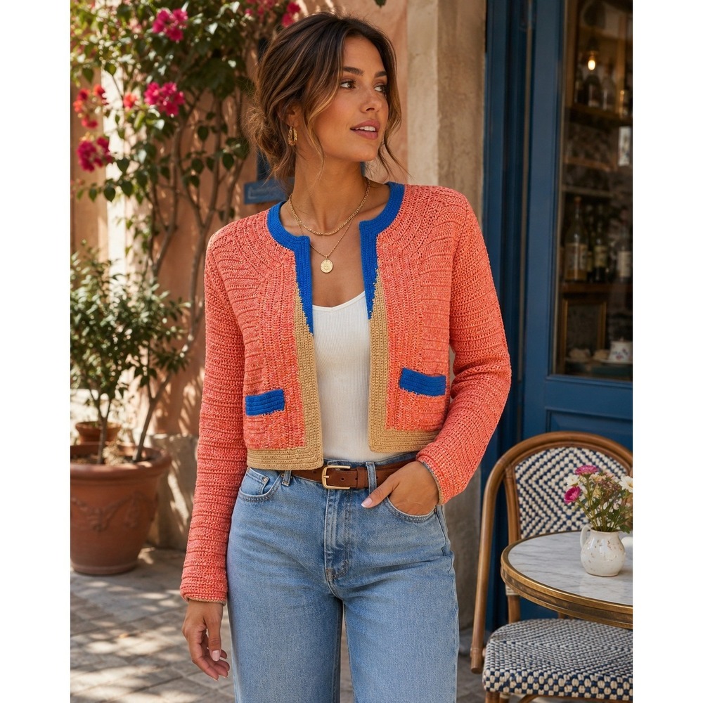 NWT Luxury Crochet Boxy Cardigan Jacket Coral Cropped Coastal Chic Luxe Sz M